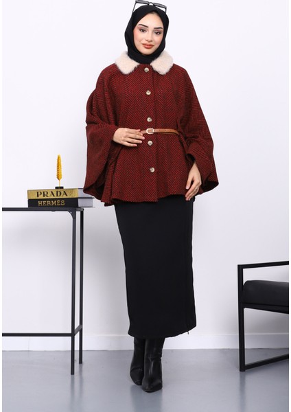 Bordo Yaka Kürklü Kemerli Panço fiyatları