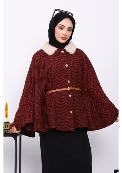 Bordo Yaka Kürklü Kemerli Panço modelleri