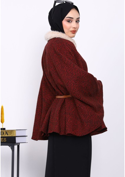 Bordo Yaka Kürklü Kemerli Panço fırsatları