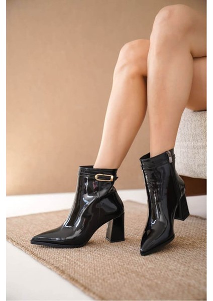 Tokalı Topuklu Siyah Rugan Kadın Bot & Bootie 76-711 fırsatları