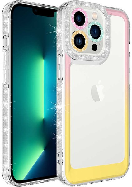 Spia iPhone 12 Pro Uyumlu Simli ve Renk Geçiş Tasarımlı Lens Korumalı Spıa Park Kapak-Pembe-Sarı