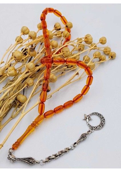 Şeffaf Turuncu Kapsül Kesim Ay Yıldız Alpaka Püskül Kehribar Tespih