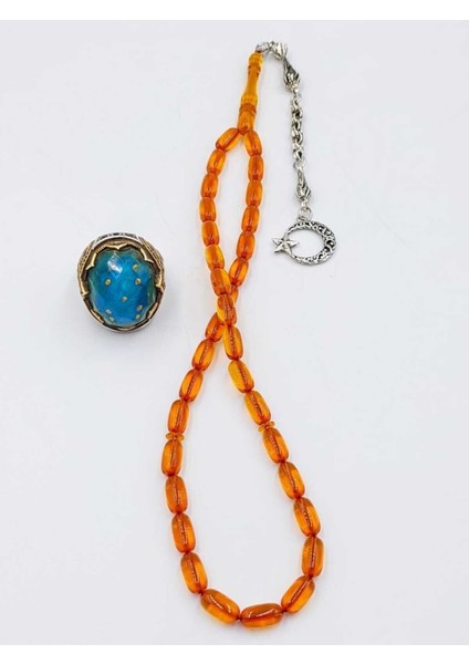 Şeffaf Turuncu Kapsül Kesim Ay Yıldız Alpaka Püskül Kehribar Tespih modelleri