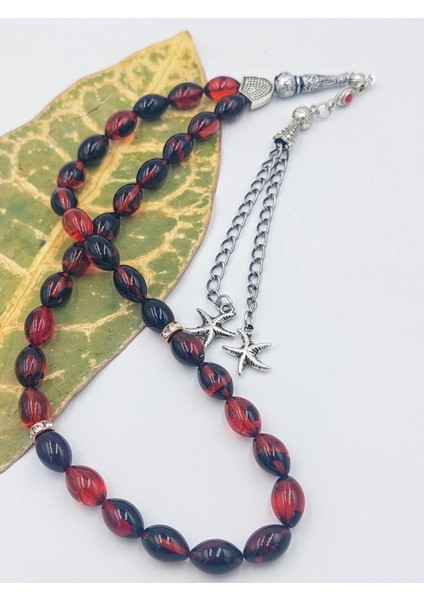 Siyah Kırmızı Arpa Kesim Yıldız Alpaka Püsküllü Ateş Kehribar Tespih