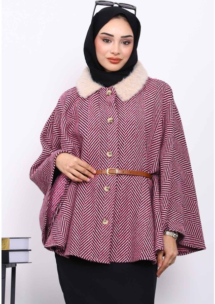 Pembe Yaka Kürklü Kemerli Panço