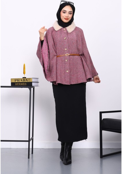 Pembe Yaka Kürklü Kemerli Panço fiyatları