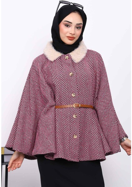 Pembe Yaka Kürklü Kemerli Panço modelleri