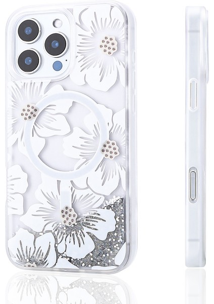 Spia iPhone 14 Pro Max Uyumlu Kılıf Sıvılı Simli Baskılı Şeffaf Arka Yüzey Spıa Mossa Silikon Kapak-Pembe fırsatları