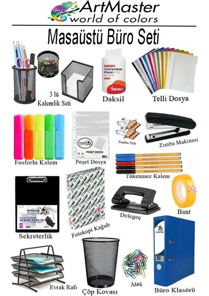 Masaüstü Büro Seti Metal Siyah 16 Parça Kalemlik Evrak Rafı 3 Lü Delgeç Zımba Makinesi Notluk Çöp Kovası Ataç