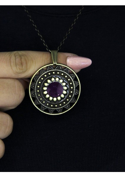 Doğal Taş Ametist Doğal Taşlı Yuvarlak Model Antik Kadın Kolye EUK46AMT