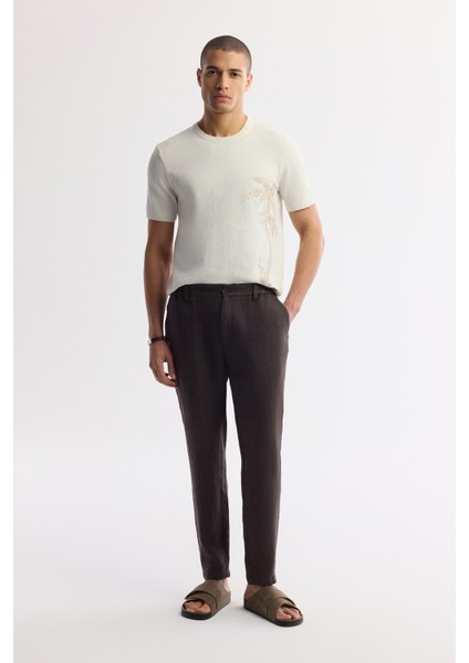 Erkek Kahve Beli Lastikli %100 Keten Relaxed Fit Pantolon B003032