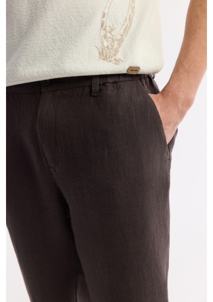 Erkek Kahve Beli Lastikli %100 Keten Relaxed Fit Pantolon B003032