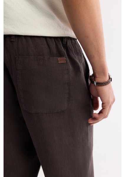 Erkek Kahve Beli Lastikli %100 Keten Relaxed Fit Pantolon B003032