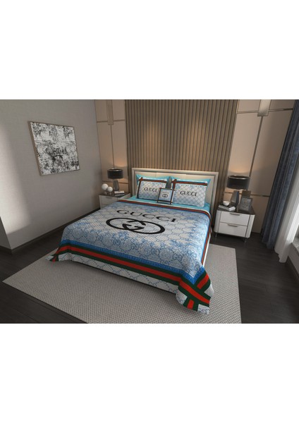 Çift Kişilik Pike Takımı Pamuklu Kumaş Jakar Dokuma Kapitone Dikişli 3D Dijital Baskılı 7 Parça-Lüks Duvet Cover Set Model.