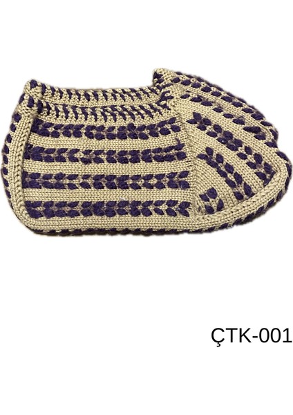 El Örgüsü Çetik - El Örgüsü Patik 35-38 numara Krem renkli mor desenli