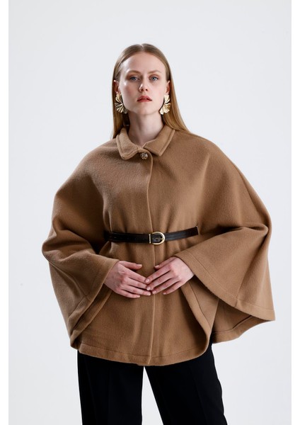 Deri Kemerli Kaşe Panço - Camel