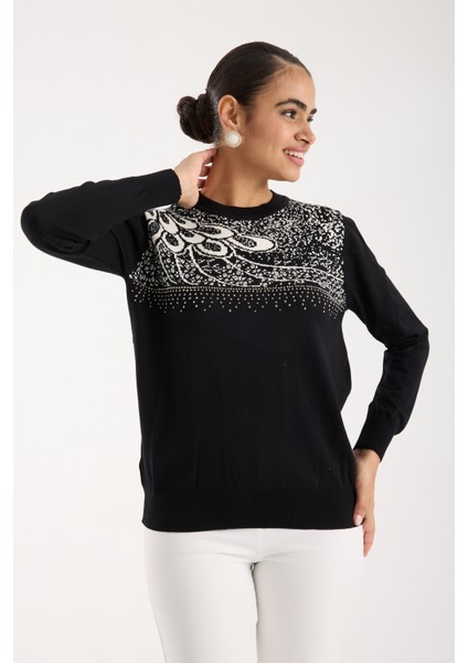 Kadın Siyah Elit Viskon Kumaş Taş Detaylı Bisiklet Yaka Triko Bluz