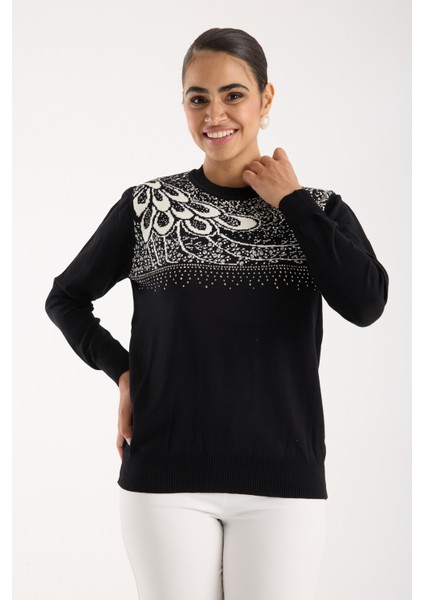 Kadın Siyah Elit Viskon Kumaş Taş Detaylı Bisiklet Yaka Triko Bluz fiyatları