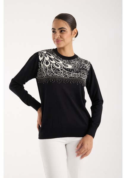 Kadın Siyah Elit Viskon Kumaş Taş Detaylı Bisiklet Yaka Triko Bluz modelleri