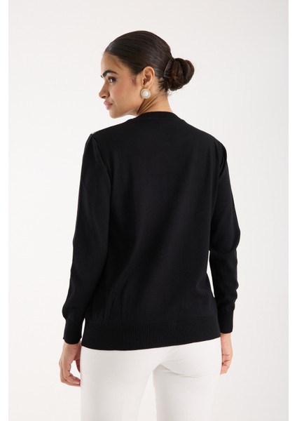 Kadın Siyah Elit Viskon Kumaş Taş Detaylı Bisiklet Yaka Triko Bluz indirimleri