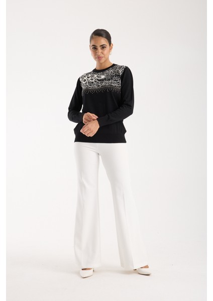 Kadın Siyah Elit Viskon Kumaş Taş Detaylı Bisiklet Yaka Triko Bluz