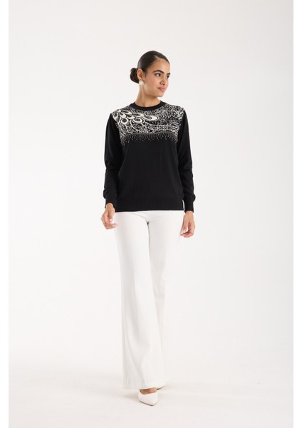 Kadın Siyah Elit Viskon Kumaş Taş Detaylı Bisiklet Yaka Triko Bluz