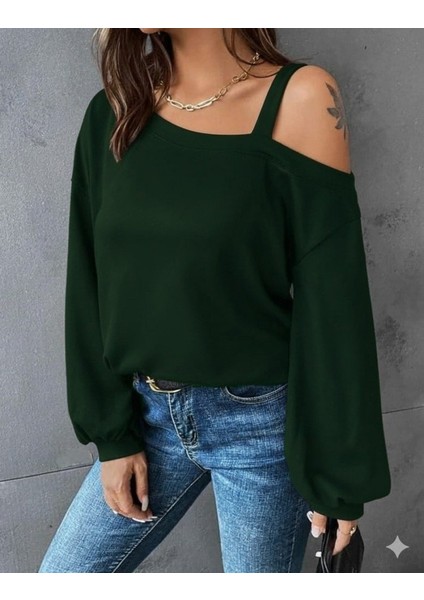 Kadın Uzun Kollu Tek Omuz Askı Detay Salaş Viskon Iki Iplik Bluz