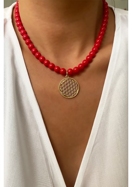 Gold Uçlu Kırmızı Cam Boncuk Kolye