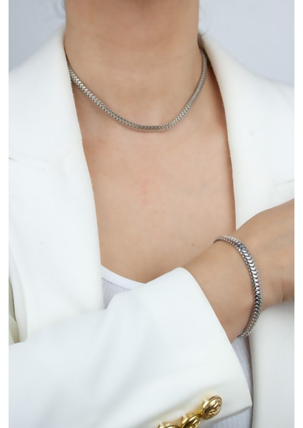 Ezme Zincir Gümüş Renk Choker Kolye Bleklik Set