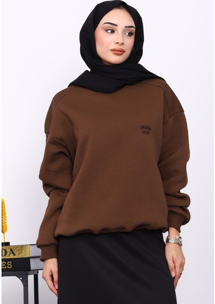 Kahverengi Bisiklet Yaka Şadonlu Üç iplik Sweat