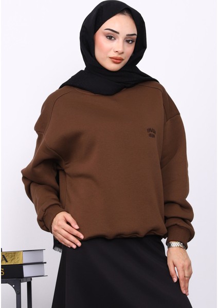 Kahverengi Bisiklet Yaka Şadonlu Üç iplik Sweat modelleri