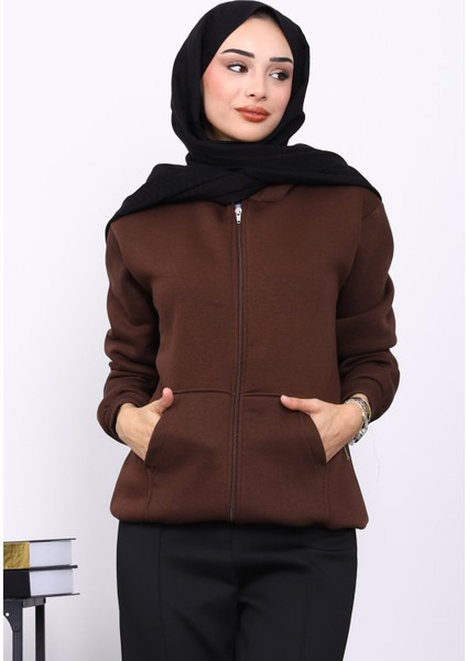 Kahverengi Kanguru Cepli Şardonlu Üç İplik Hırka fiyatları