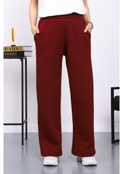 Bordo Bel Lastikli Şardonlu Eşofman Altı