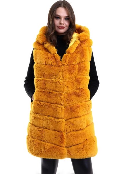 Kadın Kapşonlu Peluş Kürk Yelek Premium Kalite, Tam Astarlı, Uzun Model - Sarı fırsatları