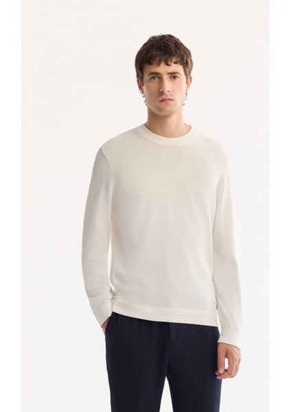 Erkek Ekru Bisiklet Yaka Rayon Karışımlı Tüylenmeyen Triko Regular Fit Kazak A52Y5001