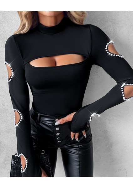 Kadın Uzun Kollu Yarı Balıkçı Yaka Pencere Detaylı Kolları Kalp Desen Taşlı Viskon Bluz fiyatları