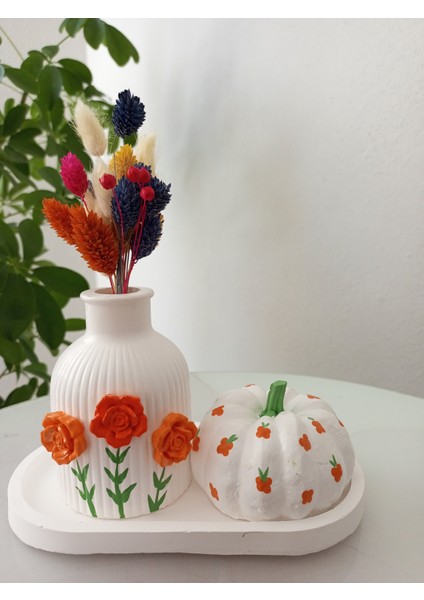 Dekoratif Çiçekli Vazo Balkabağı Sunum Set