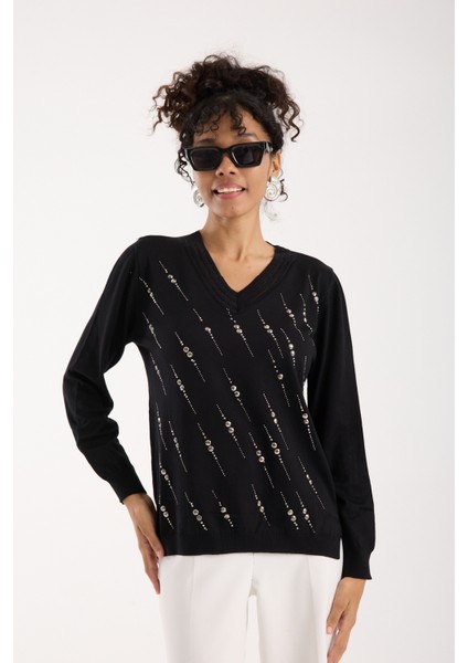 Kadın Siyah Elit Viskon Kumaş Taş Detaylı Sim Biyeli Yan Yırtmaçlı V Yaka Triko Bluz