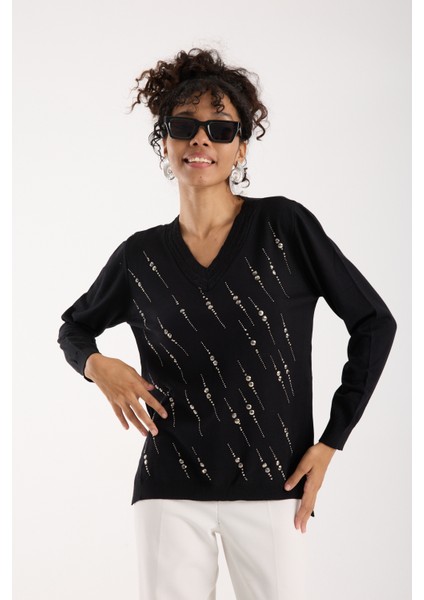 Kadın Siyah Elit Viskon Kumaş Taş Detaylı Sim Biyeli Yan Yırtmaçlı V Yaka Triko Bluz modelleri