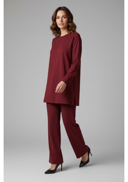 Kadın Tunik Önü Dikişli Altı Bantlı Pantolonun Beli Lastikli Önü Dikişli Ikili Takım