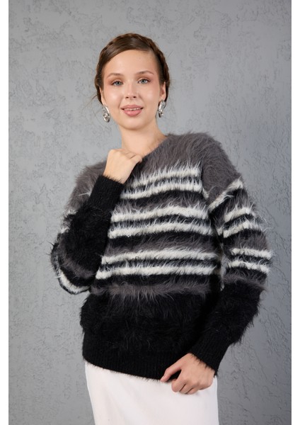 Füme-Siyah Sakal Iplik Çizgili Bisiklet Yaka Triko Kazak