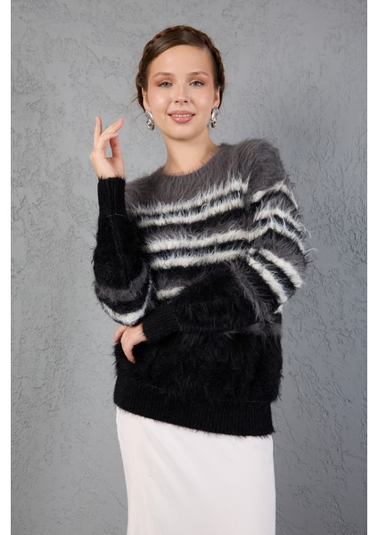 Füme-Siyah Sakal Iplik Çizgili Bisiklet Yaka Triko Kazak modelleri