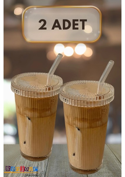 2 Adet Latte Bardağı Origami Stil Pipetli Kapaklı Bardak, Isıya Dayanıklı