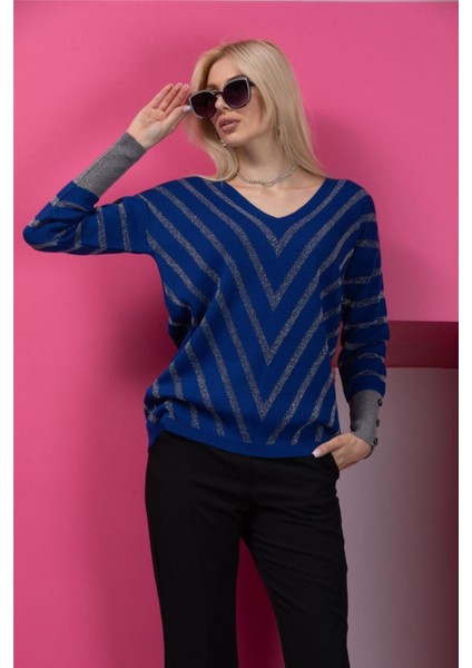 Kadın Lacivert Simli V Yaka Kazak