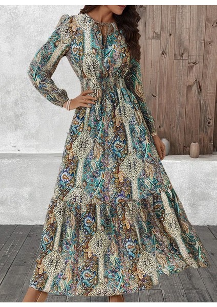 Kadın Uzun Kollu Uakadabağcıklı Beli Lastikli Desenli Uzun Süprem Elbise modelleri