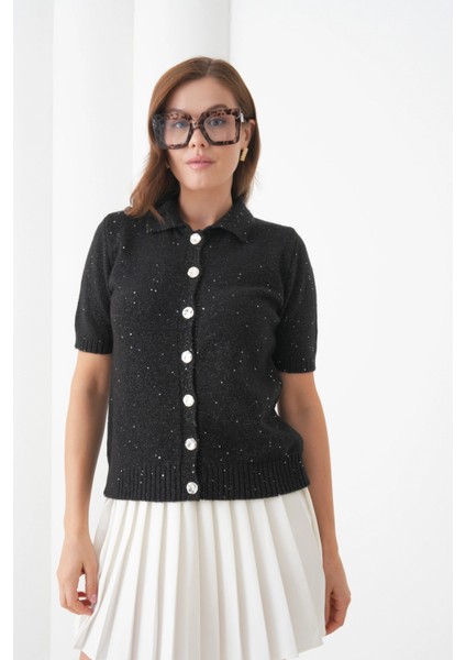 Kadın Polo Yaka Düğme Detay Kısa Kol Simli Triko Hırka