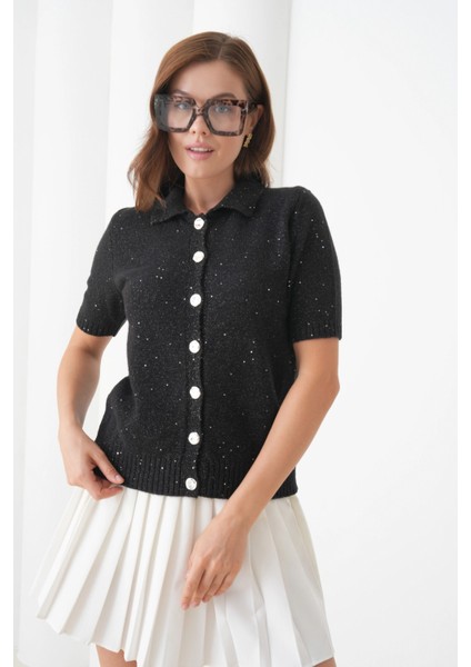 Kadın Polo Yaka Düğme Detay Kısa Kol Simli Triko Hırka modelleri