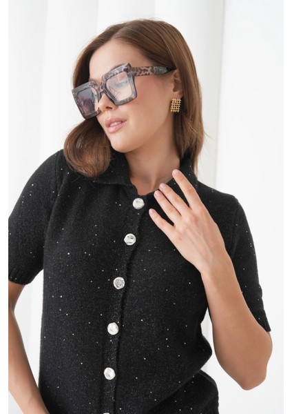 Kadın Polo Yaka Düğme Detay Kısa Kol Simli Triko Hırka fırsatları