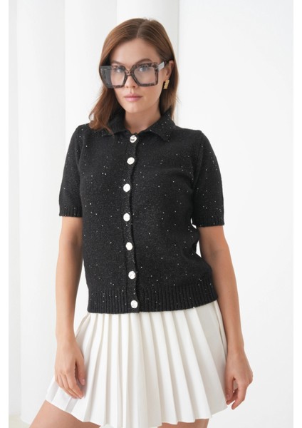 Kadın Polo Yaka Düğme Detay Kısa Kol Simli Triko Hırka indirimleri