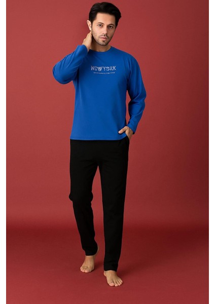 Erkek 1921 Uzun Kol % 100 Pamuk Pijama Takımı Mavi